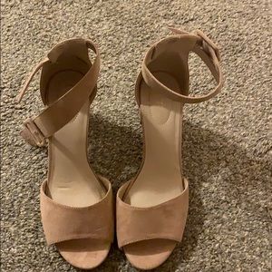 Cream open toed heels with ankle buckle